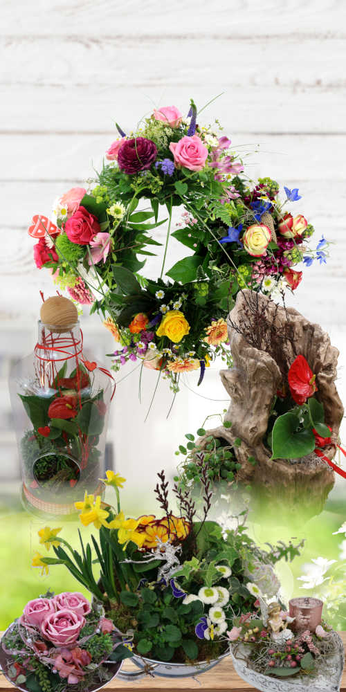 Bildkollage bestehend aus Pflanzschalen, Dekoschalen, Zimmerpflanzen und Blumensträußen.